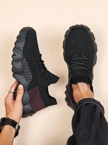 男士針織細節前綁帶運動鞋 - 黑色 - 查看 1