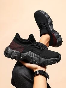 男士針織細節前綁帶運動鞋 - 黑色 - 查看 6