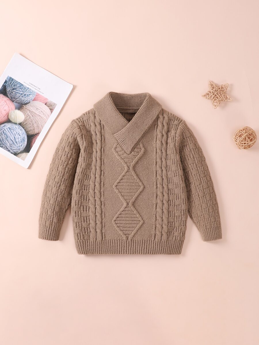 Toddler Boys V Neck Cable Knit Jumper - Camel - View 1