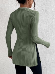 SHEIN Essnce Rib-Knit Split Hem Tee - Mint Green - View 2