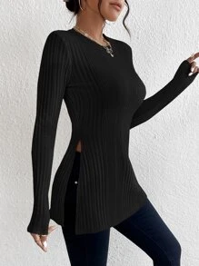 SHEIN Essnce Áo thun nữ Chia màu trơn Giải trí - màu đen - Xem 4