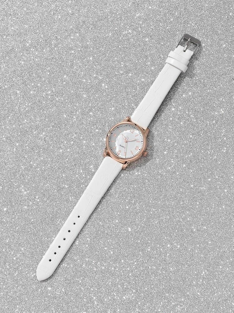 1pc Round Pointer Quartz Watch & 1pc Bracelet - White - View 3