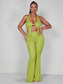 SHEIN ICON 90s Dopamine Dressing Tie Back Halter Top & Flared Leg Trousers - Lime Green - View 1