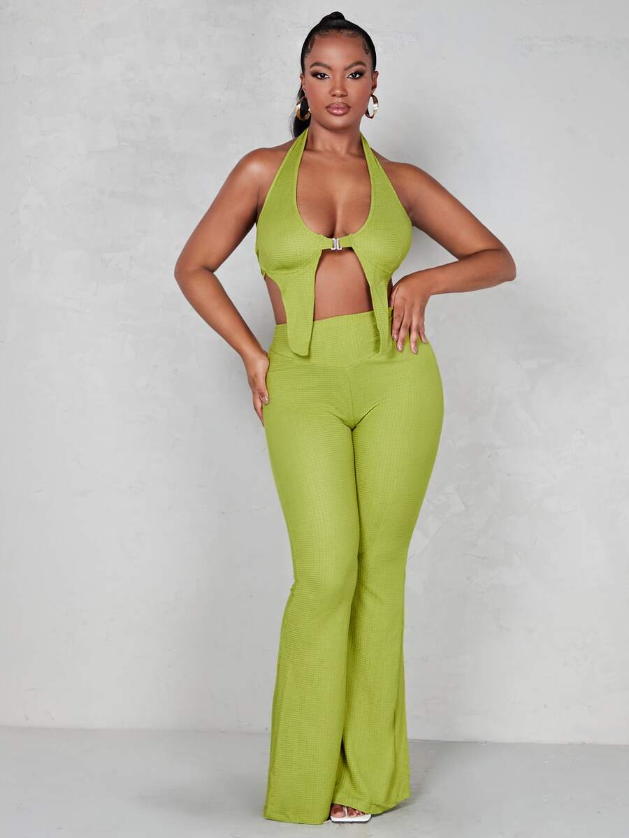 SHEIN ICON 90s Dopamine Dressing Tie Back Halter Top & Flared Leg Trousers - Lime Green - View 1