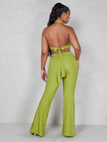 SHEIN ICON 90s Dopamine Dressing Tie Back Halter Top & Flared Leg Trousers - Lime Green - View 2