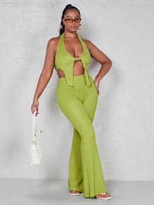 SHEIN ICON 90s Dopamine Dressing Tie Back Halter Top & Flared Leg Trousers - Lime Green - View 3