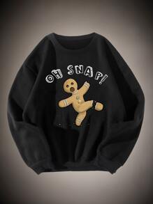 ROMWE Christmas Letter & Cartoon Graphic Drop Shoulder Pullover - Black - View 1