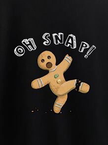 ROMWE Christmas Letter & Cartoon Graphic Drop Shoulder Pullover - Black - View 3