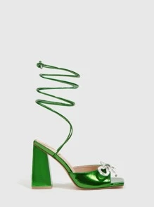 Rhinestone & Bow Decor Chunky Heeled Strappy Sandals - Green - View 5