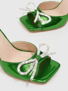 Rhinestone & Bow Decor Chunky Heeled Strappy Sandals - Green - View 3