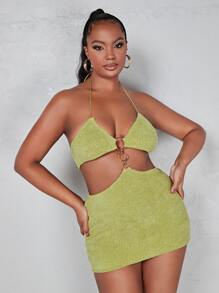 SHEIN ICON Dopamine Dressing Cut Out O-ring Detail Halter Neck Backless Bodycon Dress - Lime Green - View 1