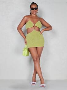 SHEIN ICON Dopamine Dressing Cut Out O-ring Detail Halter Neck Backless Bodycon Dress - Lime Green - View 3