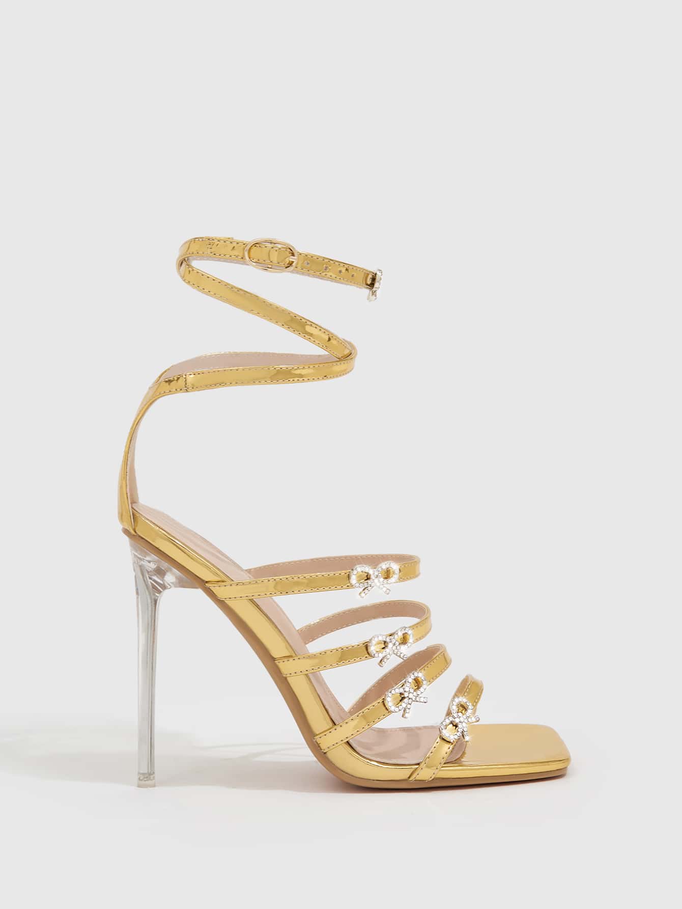 Metallic Rhinestone & Bow Decor Stiletto Heeled Ankle Strap Sandals
