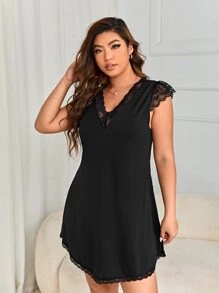 加大对比色蕾丝扇贝边睡衣睡裙