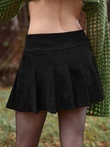 ROMWE Solid Corduroy Pleated Skirt - Black - View 2