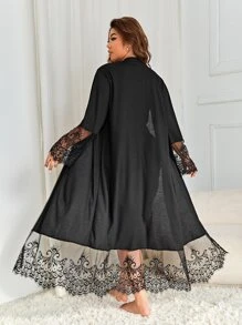 Bata con cinturón panel con encaje de pestaña sin lencería - Negro - Ver 1