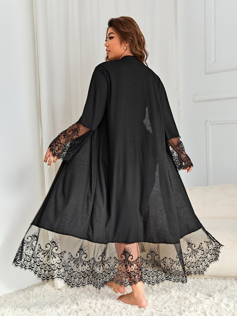 Bata con cinturón panel con encaje de pestaña sin lencería - Negro - Ver 1