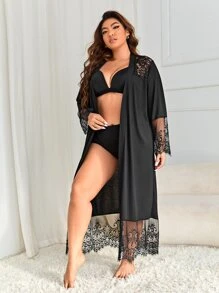 Bata con cinturón panel con encaje de pestaña sin lencería - Negro - Ver 5