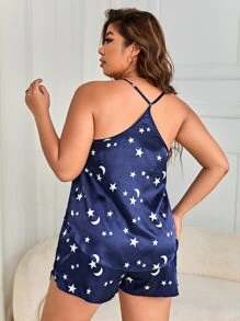 Plus Star & Moon Print Satin PJ Set - Navy Blue - View 2