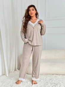 Plus Contrast Lace PJ Set - Apricot - View 3