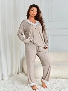Plus Contrast Lace PJ Set - Apricot - View 4