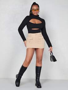 SHEIN BAE Flap Pocket Cargo Skirt - Khaki - View 3