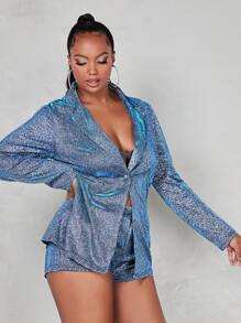 SHEIN X Antonella SHEIN BAE Single Button Glitter Blazer & Slant Pockets Shorts - Teal Blue - View 4