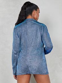 SHEIN X Antonella SHEIN BAE Single Button Glitter Blazer & Slant Pockets Shorts - Teal Blue - View 2