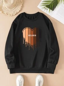 SHEIN LUNE Plus Heart & Letter Graphic Thermal Pullover - Black - View 1