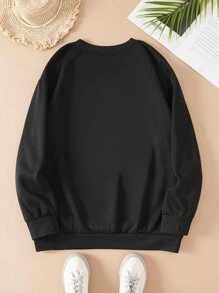 SHEIN LUNE Plus Heart & Letter Graphic Thermal Pullover - Black - View 2