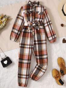 女孩格紋印花翻蓋口袋腰帶襯衫連體褲