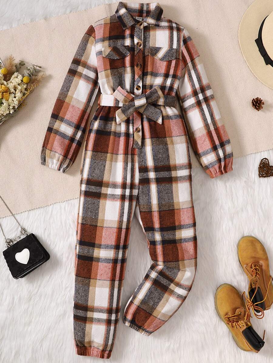 女孩格紋印花翻蓋口袋腰帶襯衫連體褲