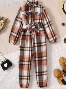 女孩格紋印花翻蓋口袋腰帶襯衫連體褲