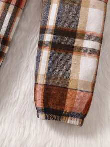 女孩格紋印花翻蓋口袋腰帶襯衫連體褲