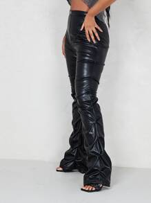 SHEIN ICON Zip Up Ruched Patent Trousers - Black - View 3