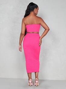 SHEIN SXY Textured Crop Tube Top & Pencil Skirt Set - Pink - View 2