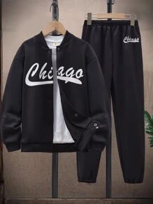 Boys Letter Graphic Bomber Jacket & Sweatpants Without Tee - Black - View 1
