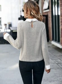 SHEIN LUNE Contrast Collar Keyhole Back Tee - Apricot - View 2