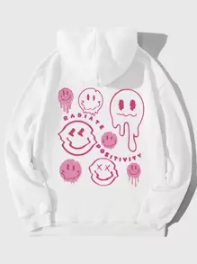 SHEIN Qutie 卡通图案袋鼠口袋抽绳保暖连帽衫散发正能量 - 白色 - 查看 1