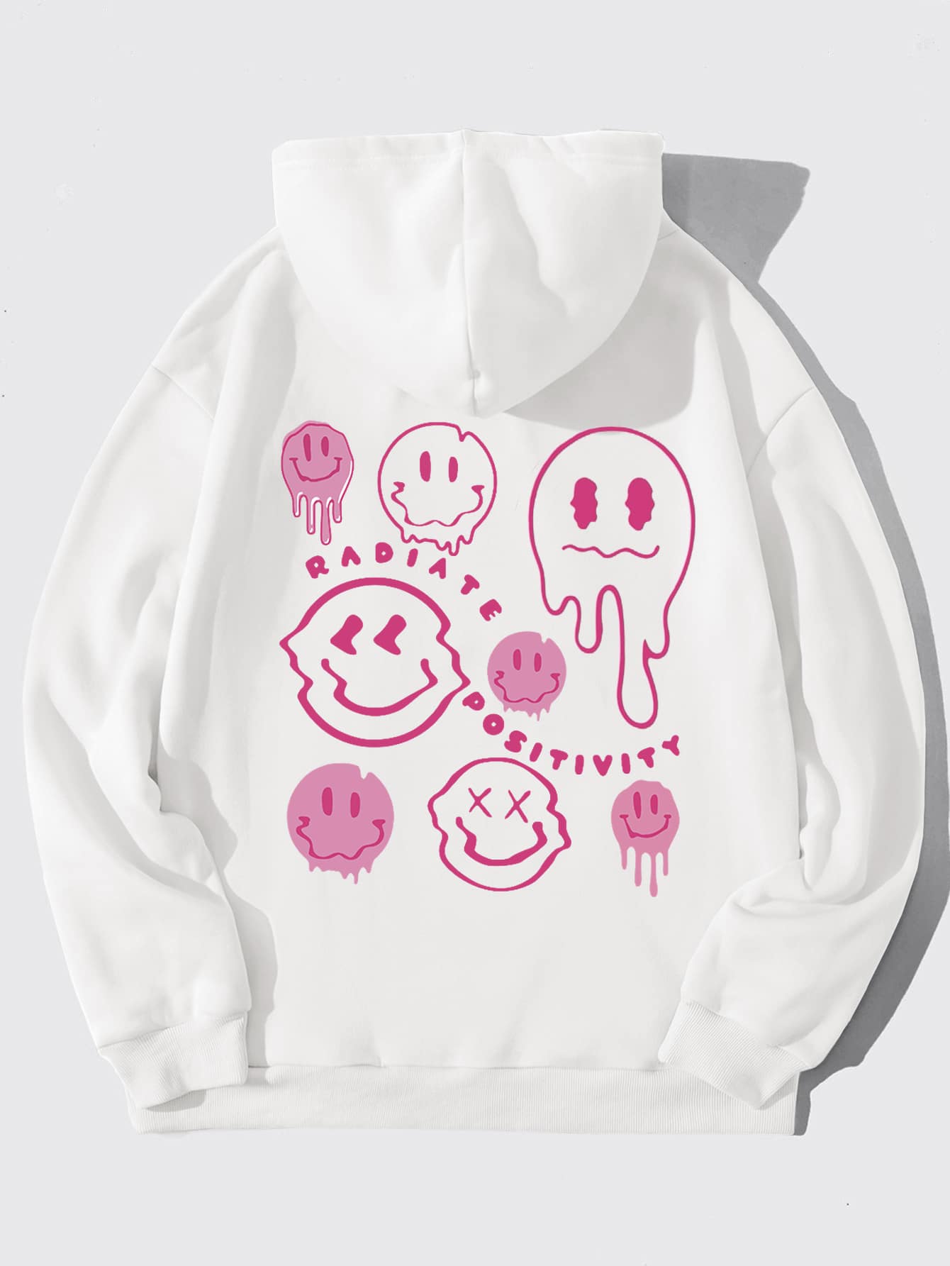 SHEIN Qutie 卡通图案袋鼠口袋抽绳保暖连帽衫散发正能量 - 白色 - 查看 1