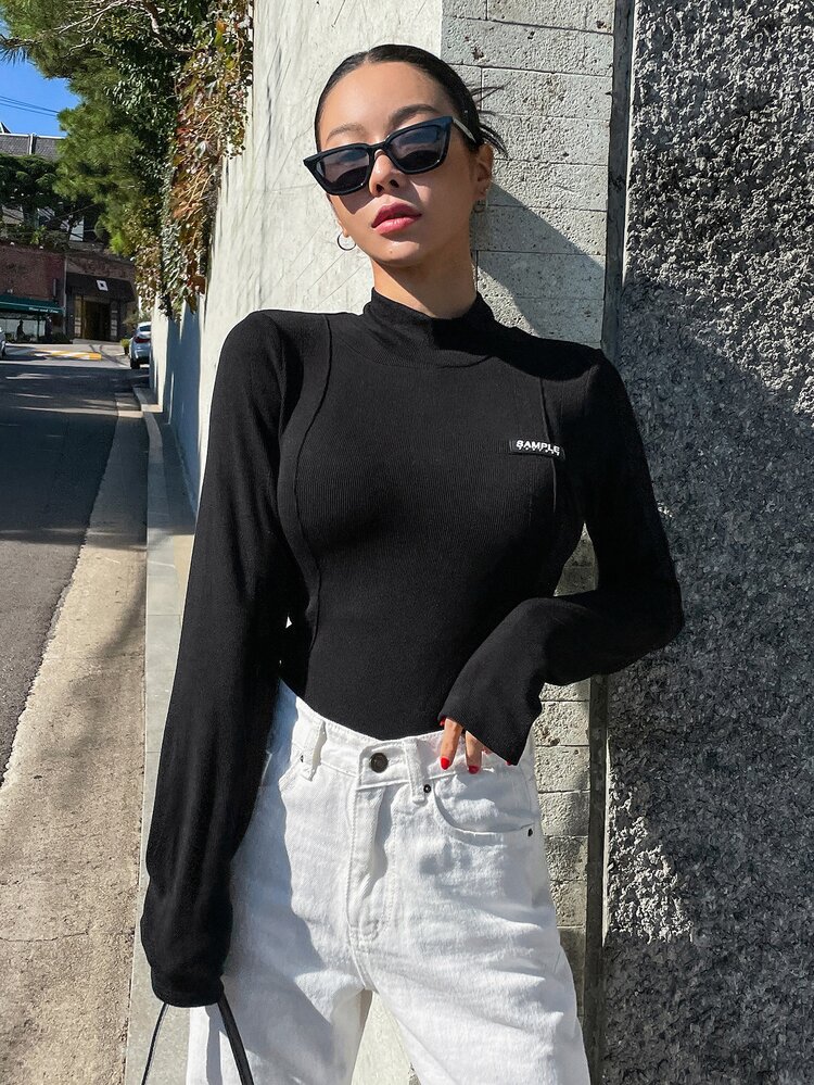 Letter Patched Mock Neck Tee,Fall Women Clothes