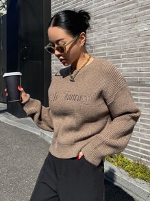 DAZY Letter Embroidery Drop Shoulder Jumper - Khaki - View 1