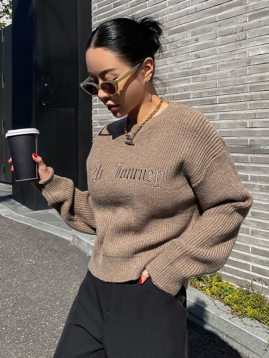 DAZY Letter Embroidery Drop Shoulder Jumper - Khaki - View 1