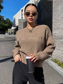 DAZY Letter Embroidery Drop Shoulder Jumper - Khaki - View 6