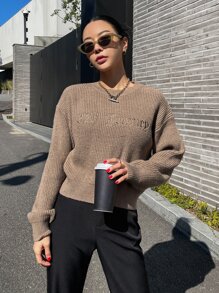 DAZY Letter Embroidery Drop Shoulder Jumper - Khaki - View 7