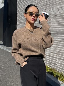 DAZY Letter Embroidery Drop Shoulder Jumper - Khaki - View 8