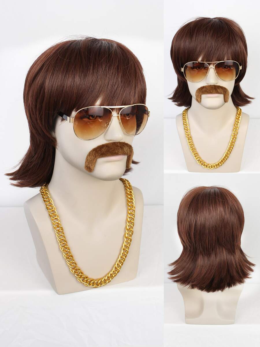 1入組男士中等直筒角色扮演合成假髮帶劉海和1入組假髮帽 - 棕色 - 查看 1