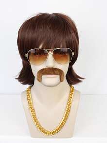 1入組男士中等直筒角色扮演合成假髮帶劉海和1入組假髮帽 - 棕色 - 查看 4