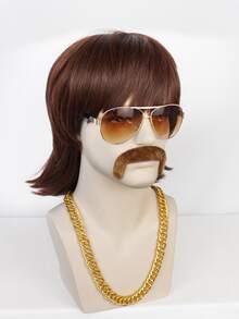 1入組男士中等直筒角色扮演合成假髮帶劉海和1入組假髮帽 - 棕色 - 查看 3