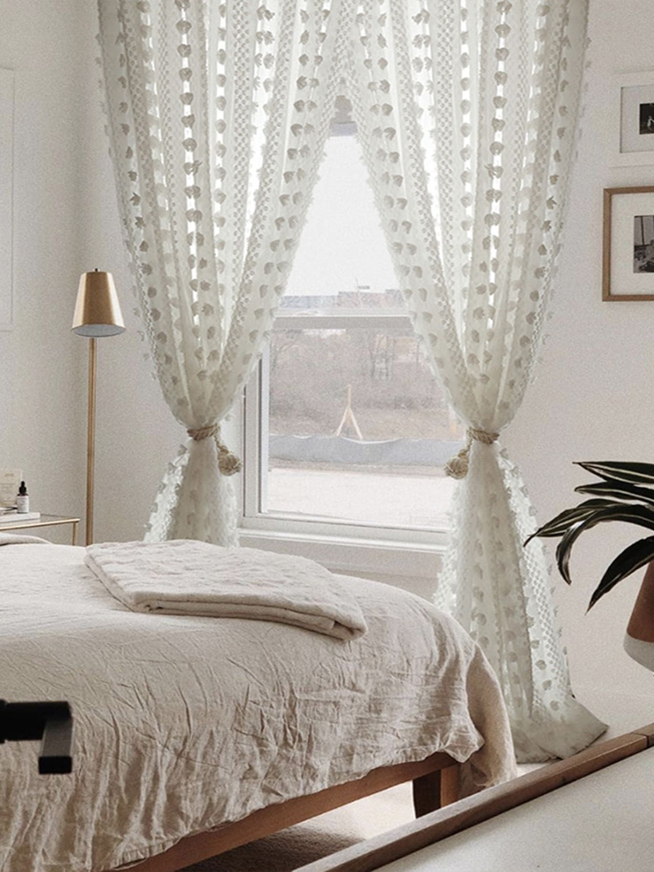 Pom Pom Decor Single Panel Sheer Curtain, Romantic White Curtain For Home Decor SHEIN USA